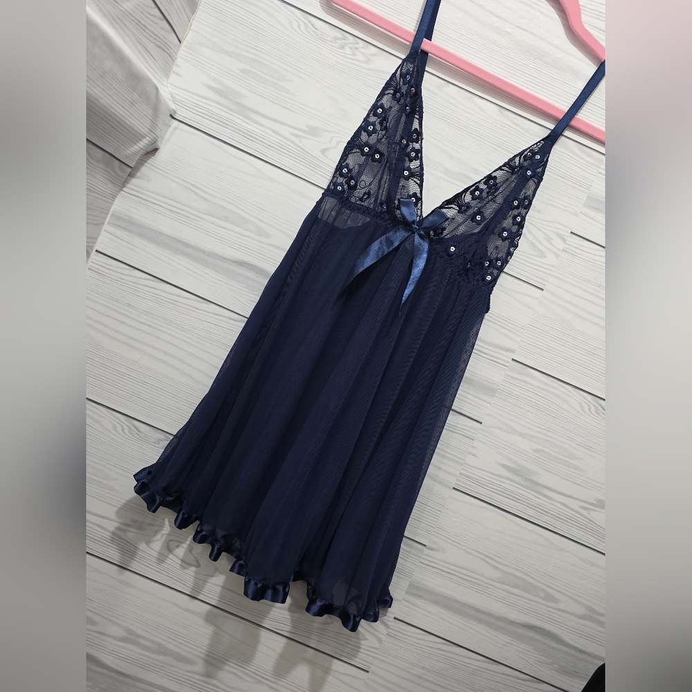 Elegant Navy Blue Lace Nightgown
